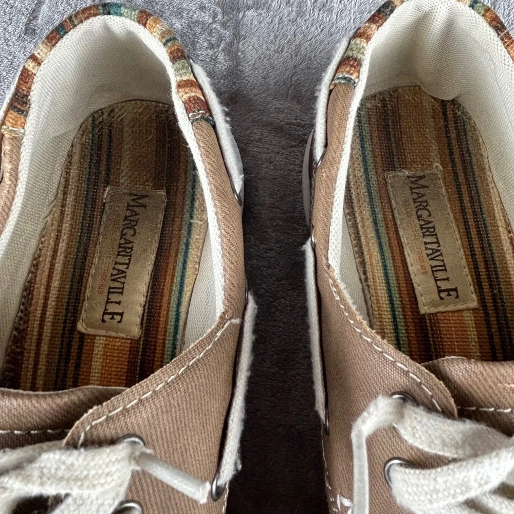 Margaritaville Cabo Brown Canvas Boat Shoes Mens 10M Striped Heel Loafers 315150